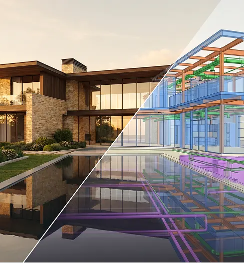 Modern residential project with BIM overlay showing integrated design and engineering