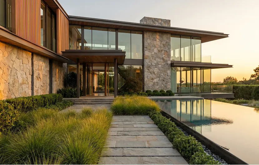 Exterior view of a contemporary stone and glass home with landscaped walkway