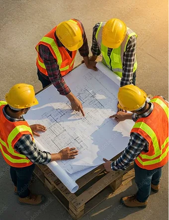 Construction team reviewing blueprints on site