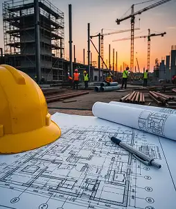 Construction site with cranes at sunset and blueprints