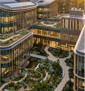 Modern office campus with landscaped walkways