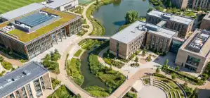 Aerial view of modern sustainable building complex